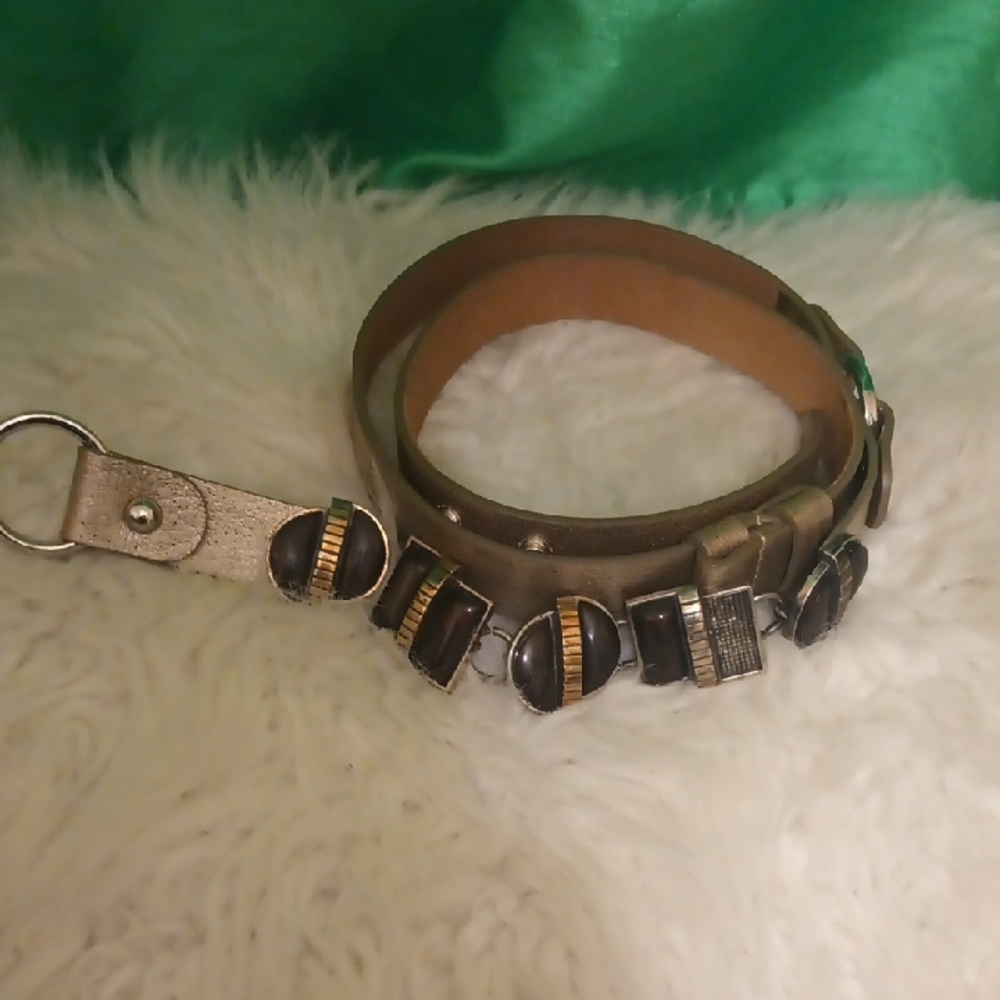 Chico's Tan Leather Belt with Black and Gold Accents